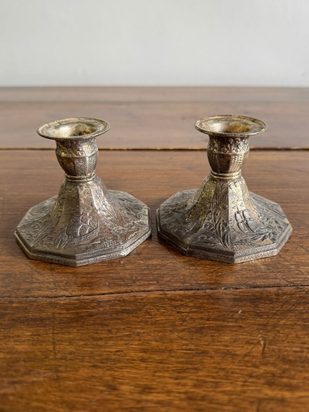 Pair of Etched Silver-Tone Repousse Candle Holders